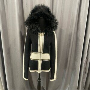 betsey Johnson wool and angora blend zip up sweater with fur hood medium